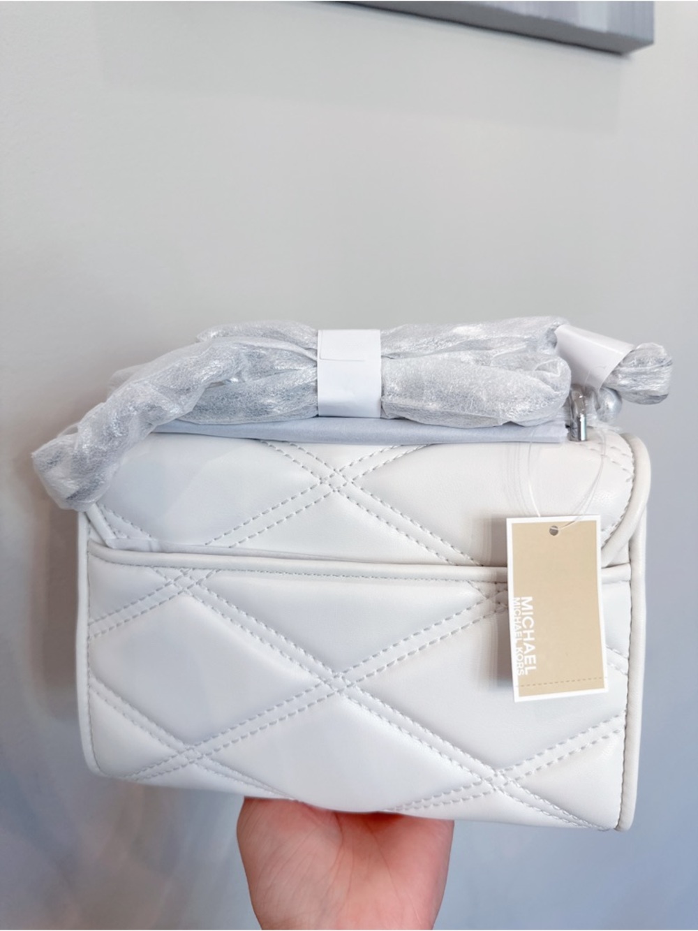 NWT Michael Kors Serena Small Quilted Vegan Leather Flap Crossbody - Optic White - Picture 4 of 8